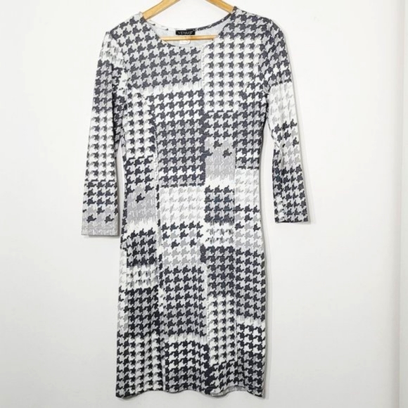 Venus Knit Sheath Dress Knit Houndstooth Print Black White Midi Stretch Business - Picture 1 of 8